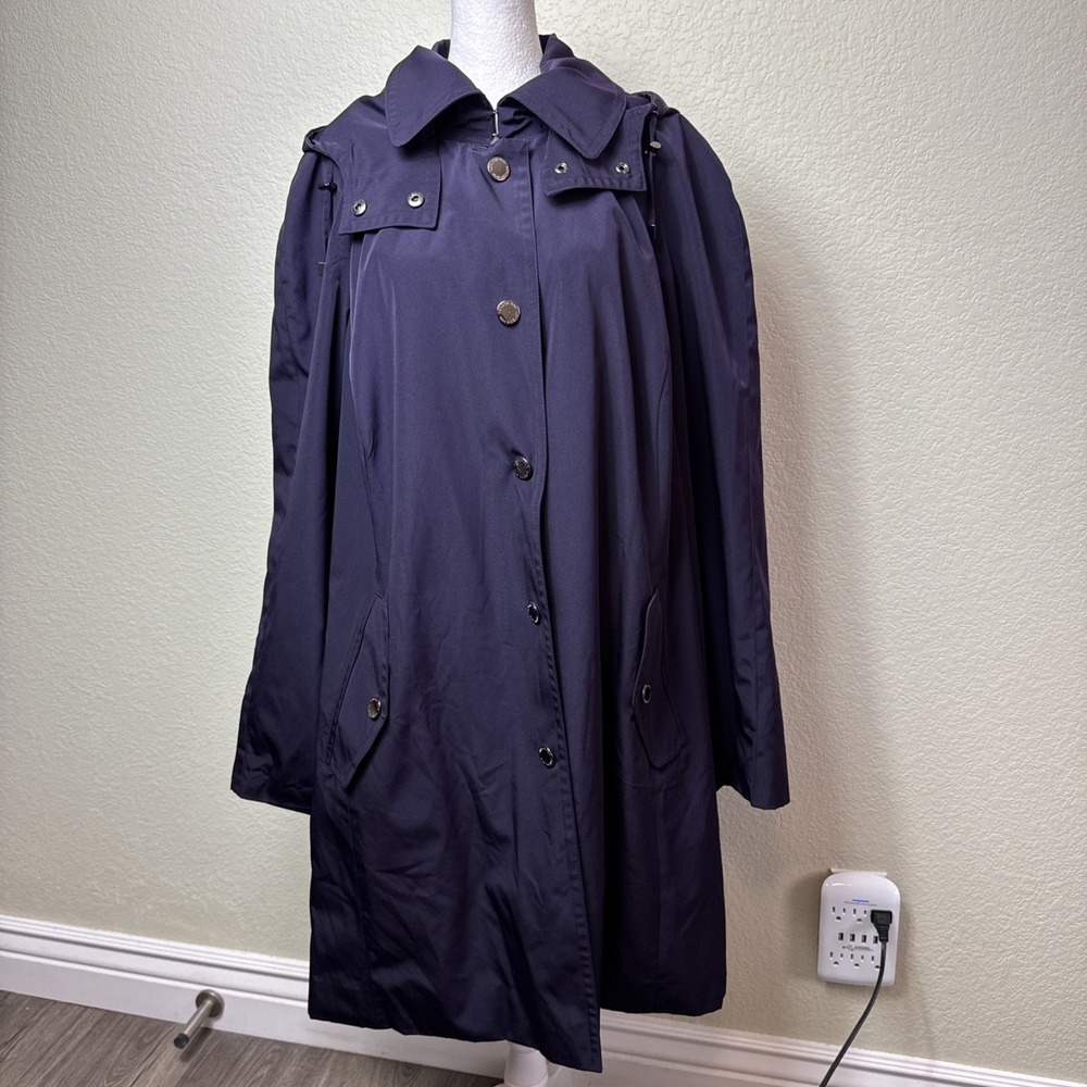 London Fog Navy Blue Trench Coat Hooded Mid Length Belted Rain Jacket 2X